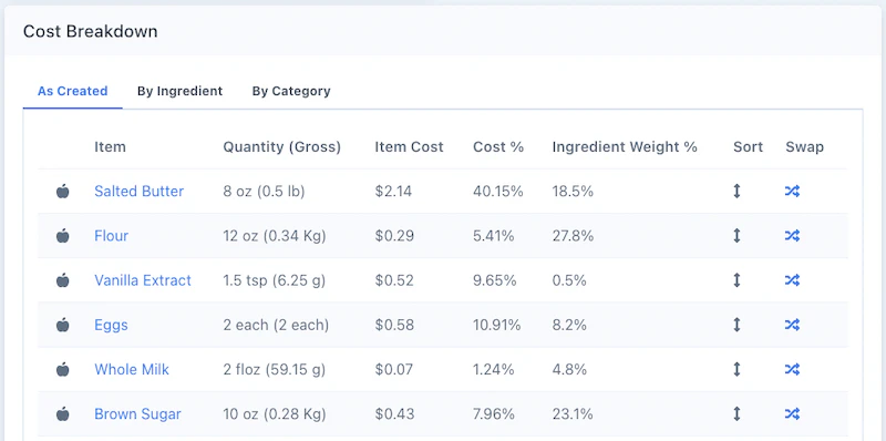 screenshot of Recipe Cost Calculator